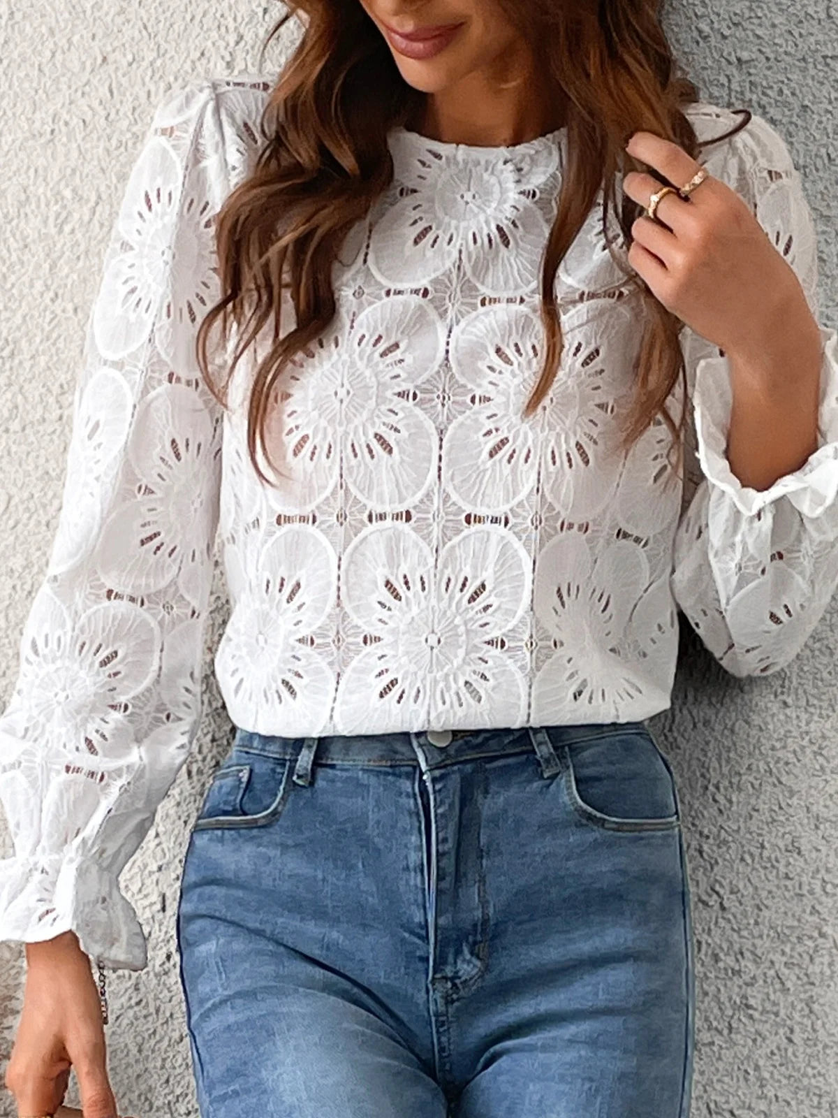 Women'S Eyelet Long Sleeve Tops Shirts Hollow Out Crochet Lace Embroidered Blouses, Sizes XS-XL