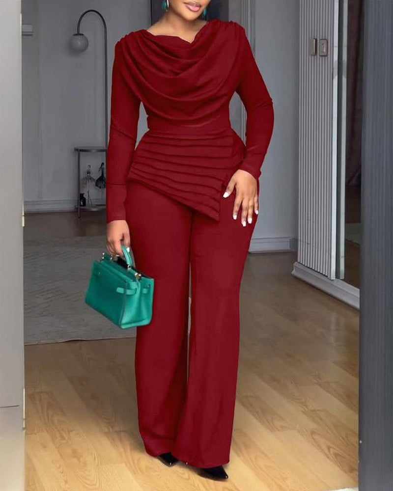 Chicme Cowl Neck Asymmetrical Patchwork Ruched Jumpsuit Casual Cinched Waist Zipper Back Straight Leg Jumpsuit