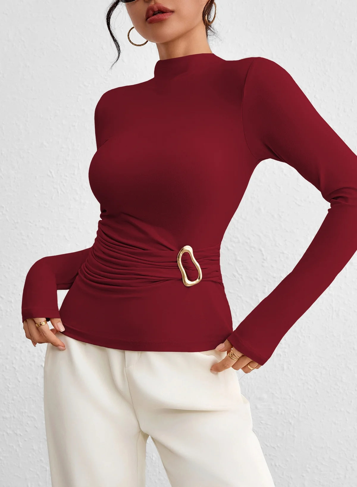 Fall 2025 Women'S Mock Neck Long Sleeve Tops Pleated Wrap Waist with Metal Buttons Stretch Slim Fit Shirts