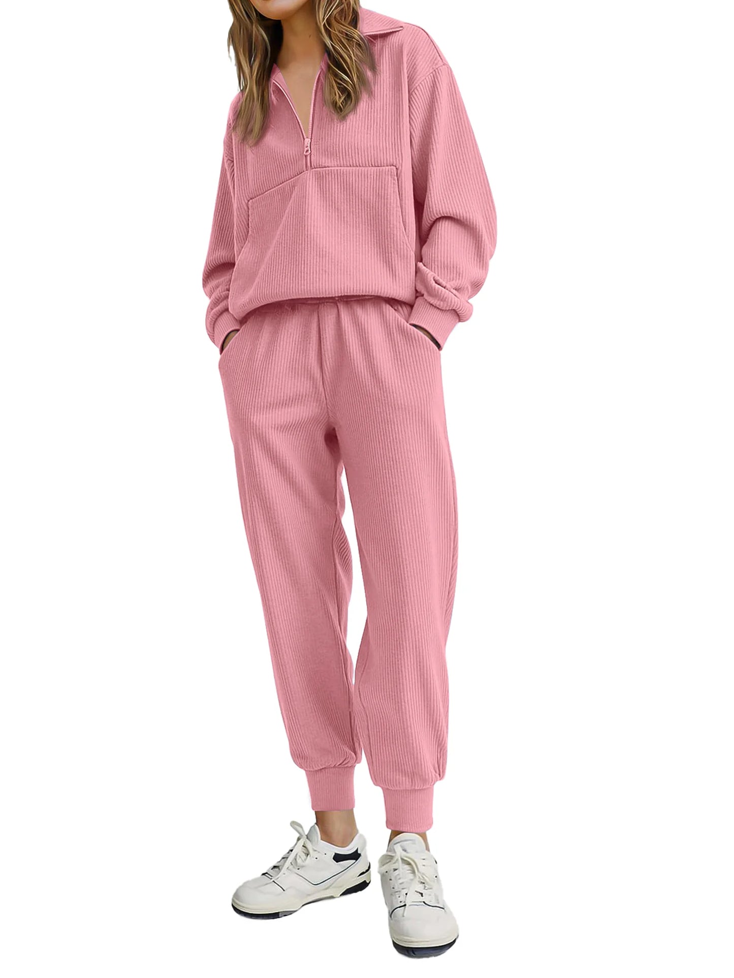 Womens 2 Piece Outfits Long Sleeve Half Zip Sweatsuits with Pockets Pullover Lounge Set