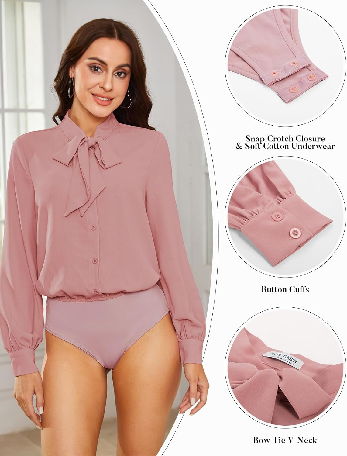 Women Bow Tie Neck Office Blouse Button down Long Sleeve Bodysuits Blouse Top