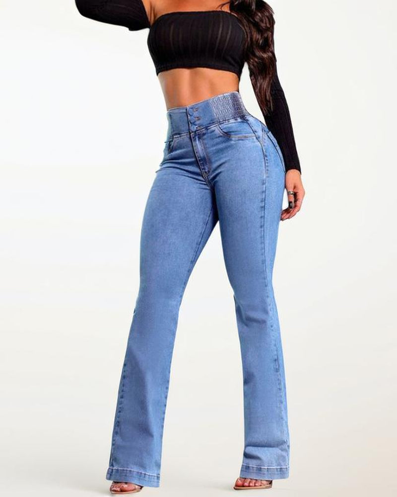 2025 Elastic Waist High Waist Stretch Tights Slightly Flared Hip Lift Denim Trousers Flared Jeans Wide Leg Jeans Tiktokshopbacktoschool