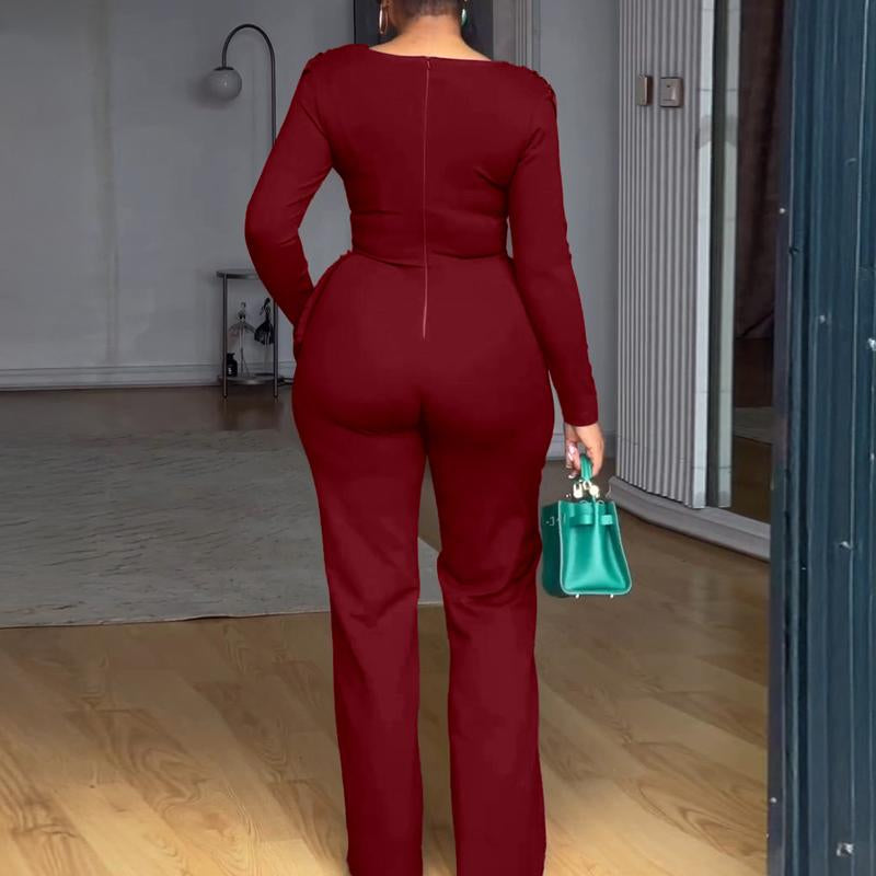 Chicme Cowl Neck Asymmetrical Patchwork Ruched Jumpsuit Casual Cinched Waist Zipper Back Straight Leg Jumpsuit