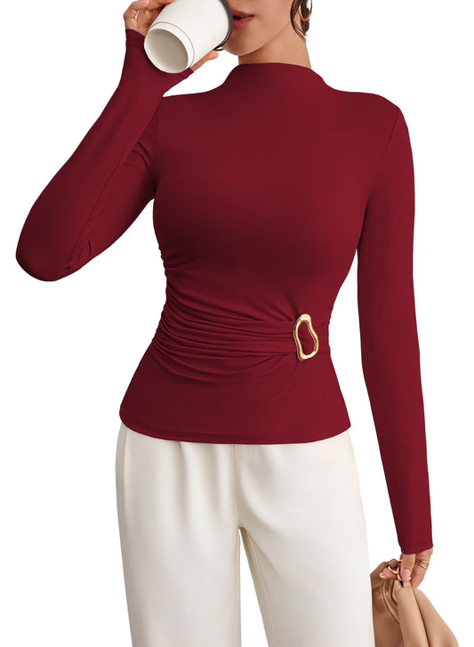 Fall 2025 Women'S Mock Neck Long Sleeve Tops Pleated Wrap Waist with Metal Buttons Stretch Slim Fit Shirts