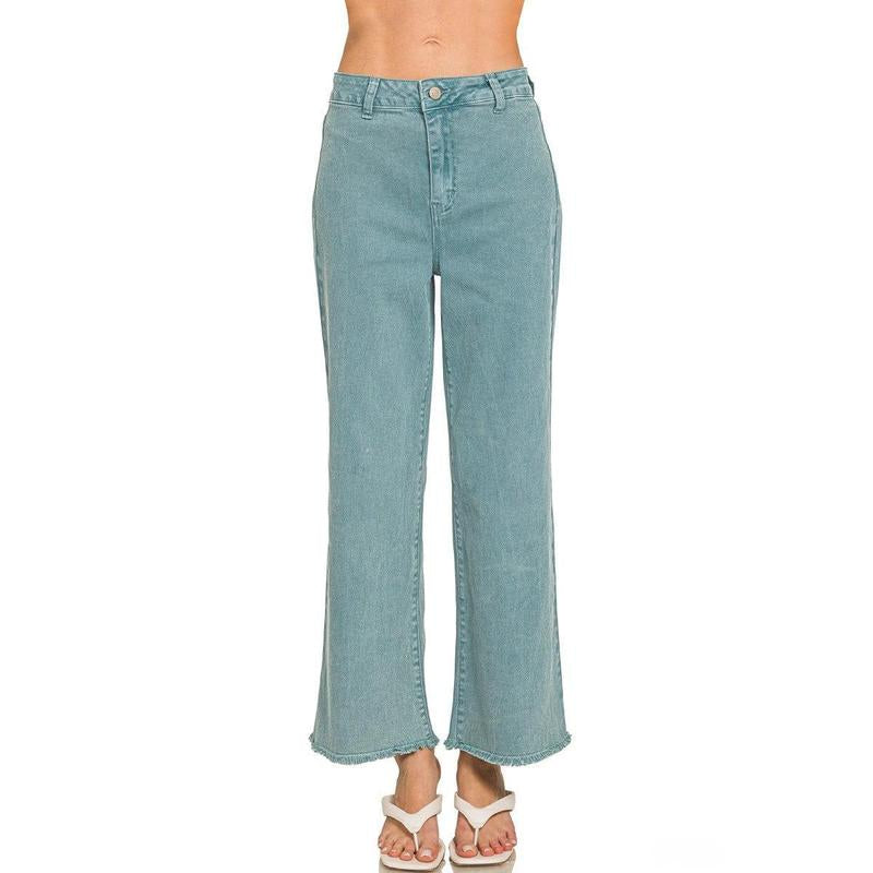 Zenana Acid Washed Frayed Cutoff Hem Straight Wide Pants