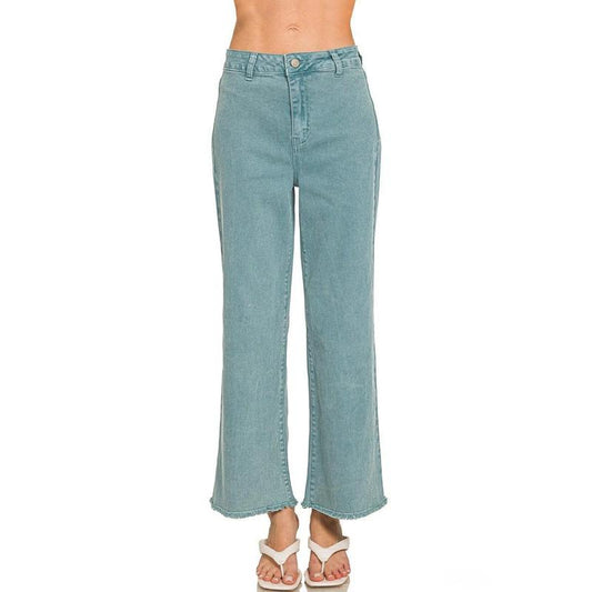 Zenana Acid Washed Frayed Cutoff Hem Straight Wide Pants