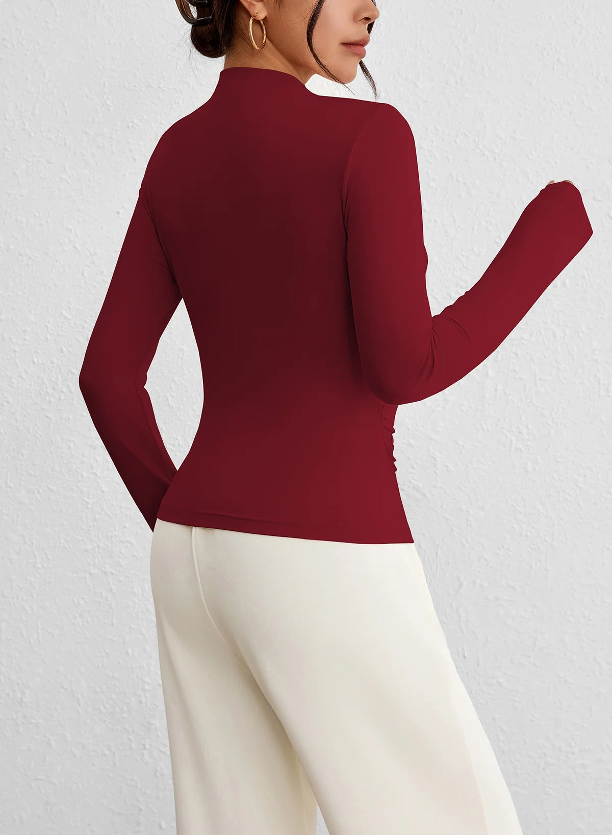Fall 2025 Women'S Mock Neck Long Sleeve Tops Pleated Wrap Waist with Metal Buttons Stretch Slim Fit Shirts