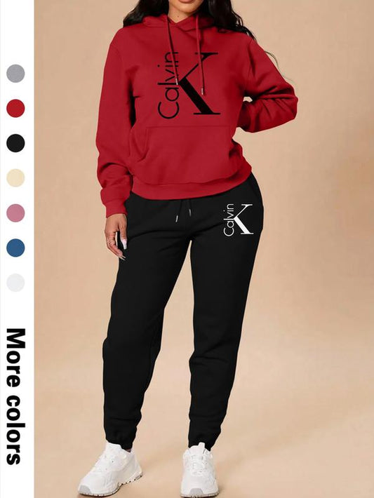 Women'S Casual Hooded Sweatshirt Set, Long Sleeve Letter Print Top + Pants, Fall & Winter Fitted Sportswear with Pockets, Sweatsuit Set
