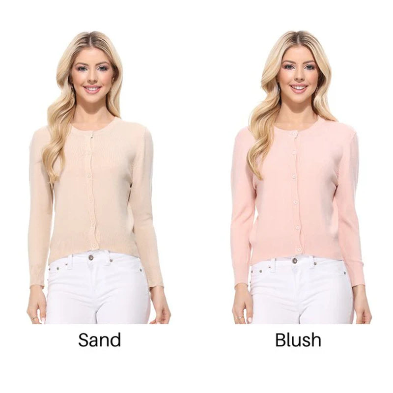 Crew Neck Button down Cardigan Sweater 3/4 Sleeve