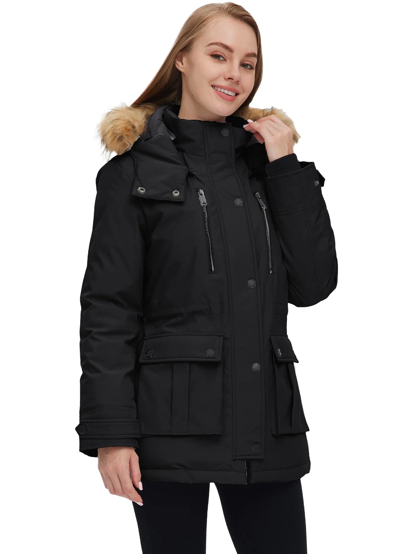Women'S Recycled Winter Coat Thickened Winter Jacket Hooded Parka Jacket Black L