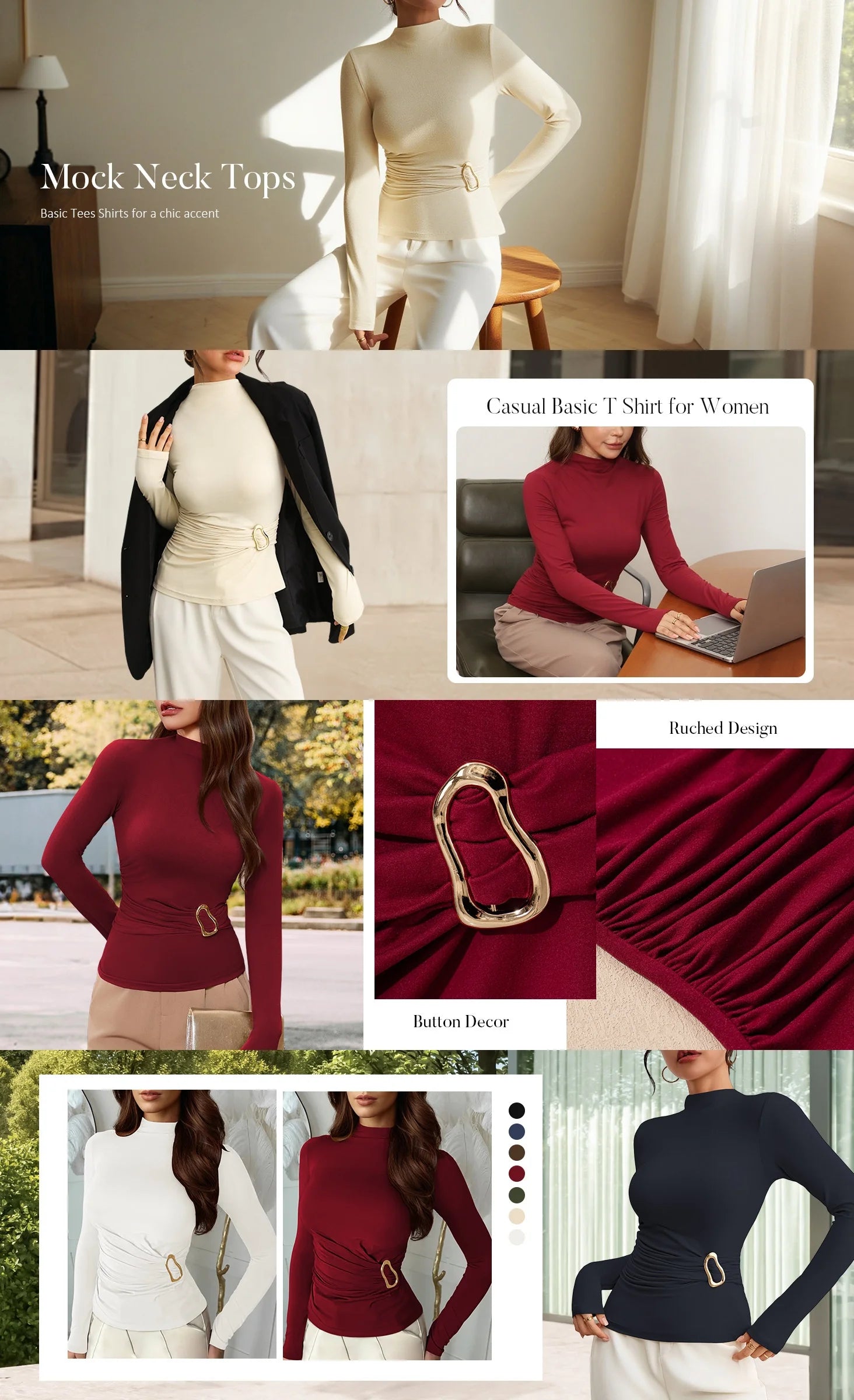 Fall 2025 Women'S Mock Neck Long Sleeve Tops Pleated Wrap Waist with Metal Buttons Stretch Slim Fit Shirts