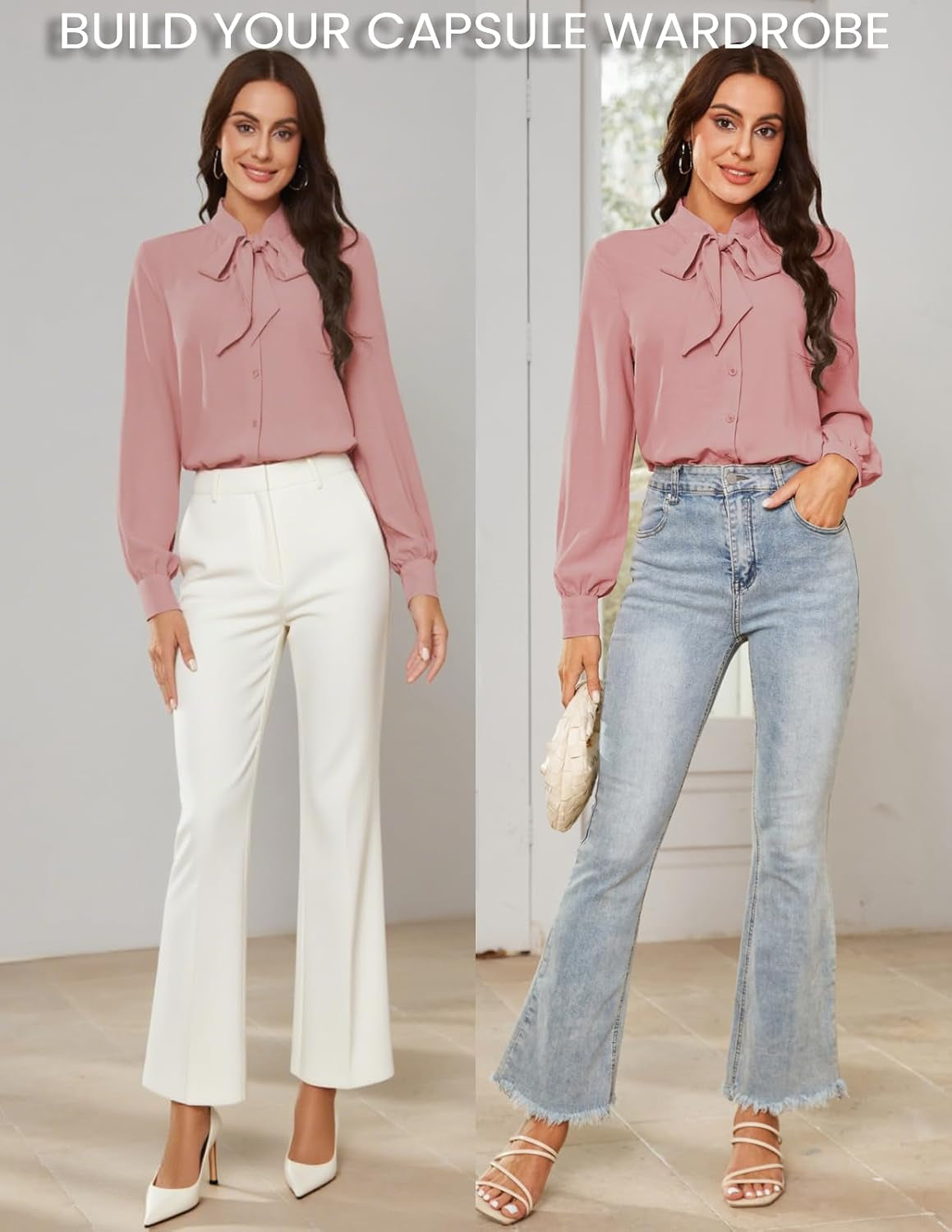 Women Bow Tie Neck Office Blouse Button down Long Sleeve Bodysuits Blouse Top
