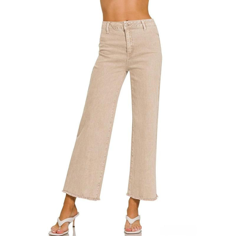 Zenana Acid Washed Frayed Cutoff Hem Straight Wide Pants
