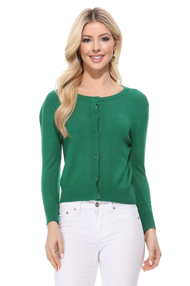Crew Neck Button down Cardigan Sweater 3/4 Sleeve