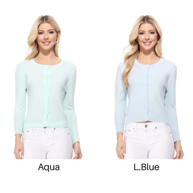 Crew Neck Button down Cardigan Sweater 3/4 Sleeve
