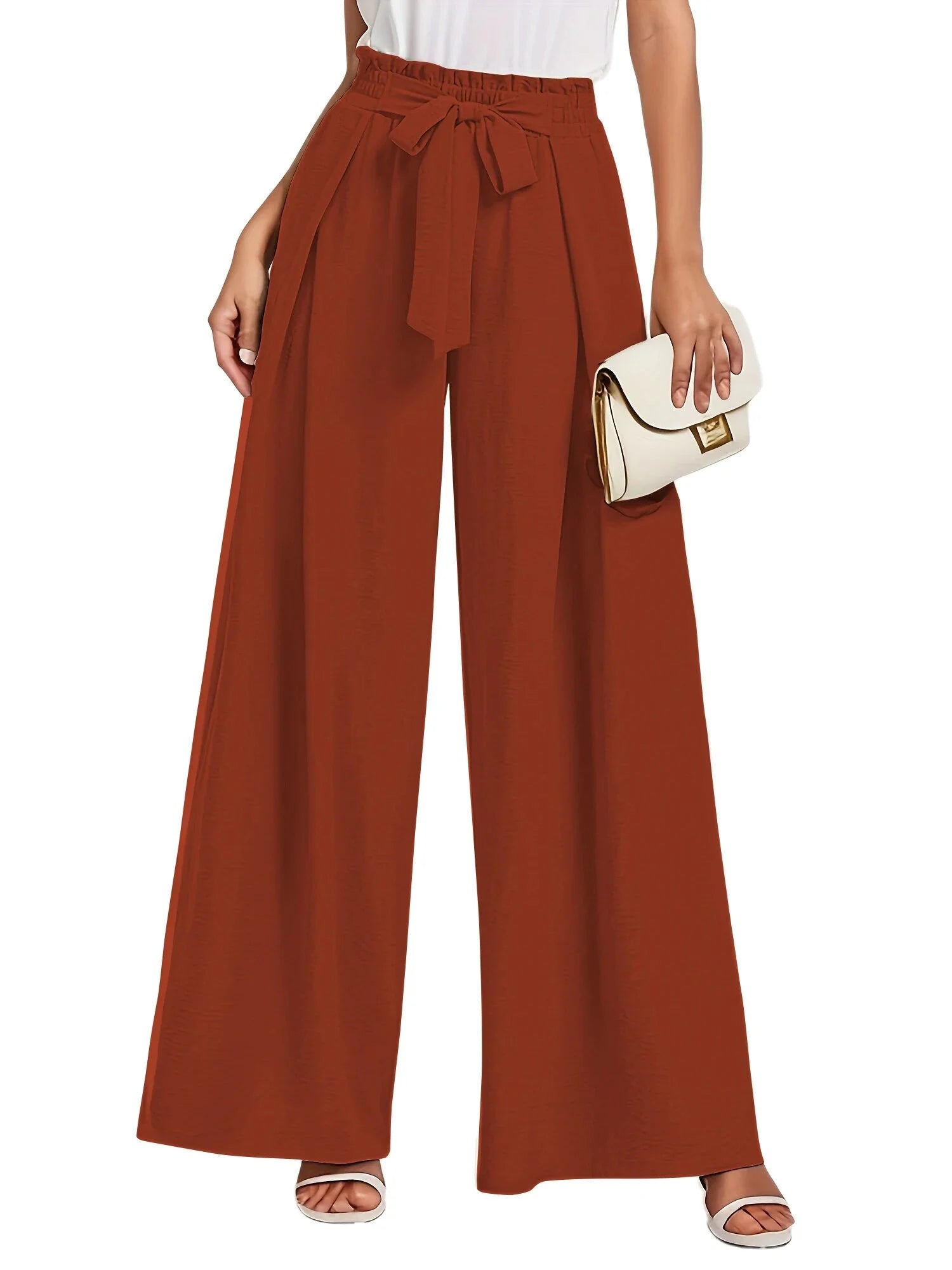 Womens Wide Leg Lounge Pants with Pockets High Waisted Adjustable Tie Knot Loose Casual Trousers Dress Work Pants