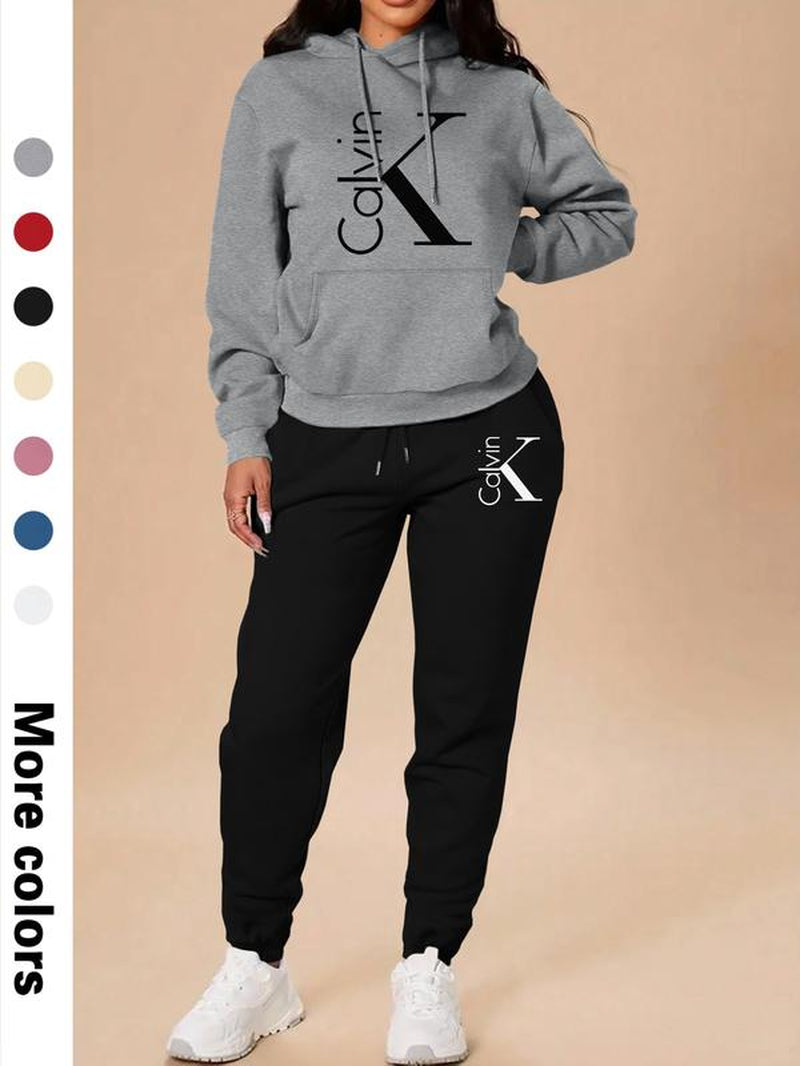 Women'S Casual Hooded Sweatshirt Set, Long Sleeve Letter Print Top + Pants, Fall & Winter Fitted Sportswear with Pockets, Sweatsuit Set