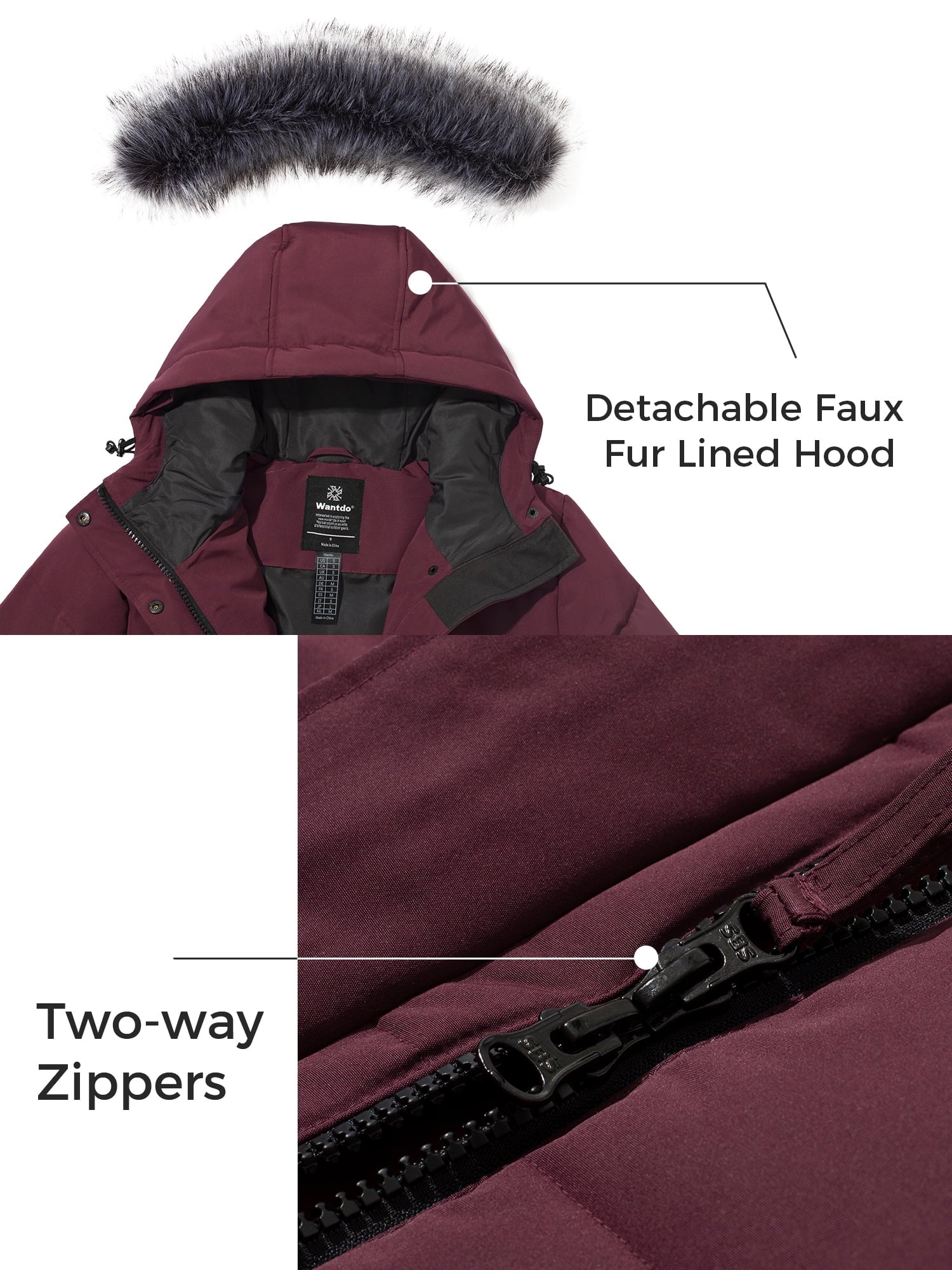 Women'S Puffy Jacket Warm Winter Coats Waterproof Parka Coat Wine Red S