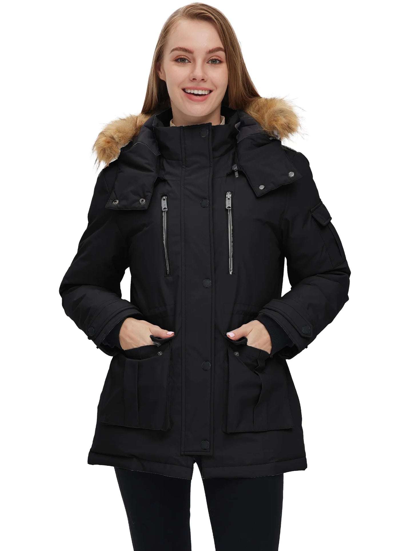 Women'S Recycled Winter Coat Thickened Winter Jacket Hooded Parka Jacket Black L