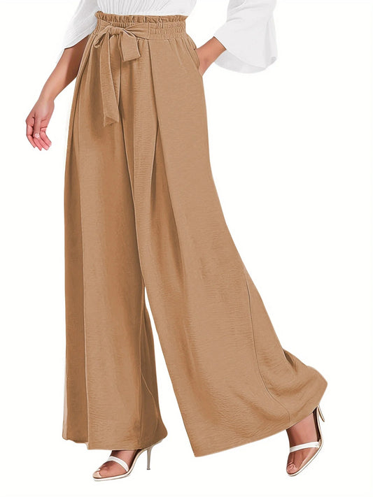Womens Wide Leg Lounge Pants with Pockets High Waisted Adjustable Tie Knot Loose Casual Trousers Dress Work Pants