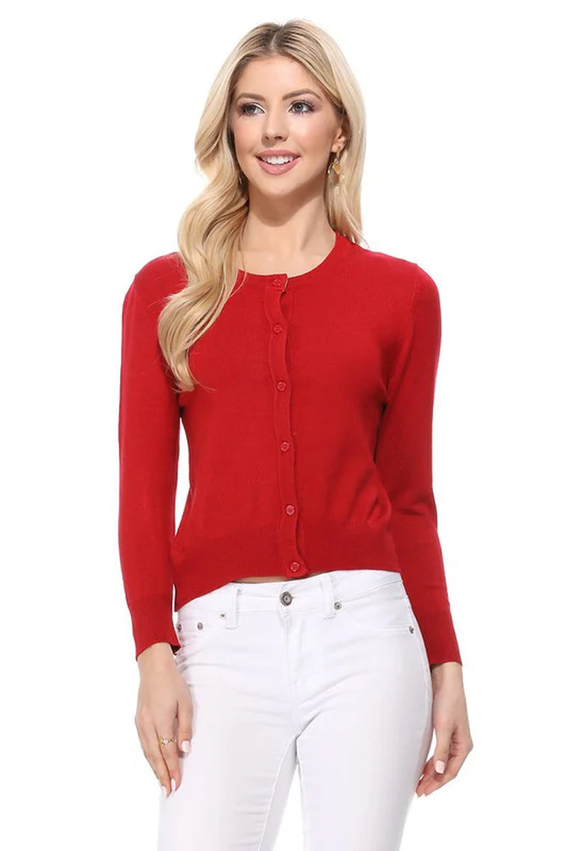 Crew Neck Button down Cardigan Sweater 3/4 Sleeve