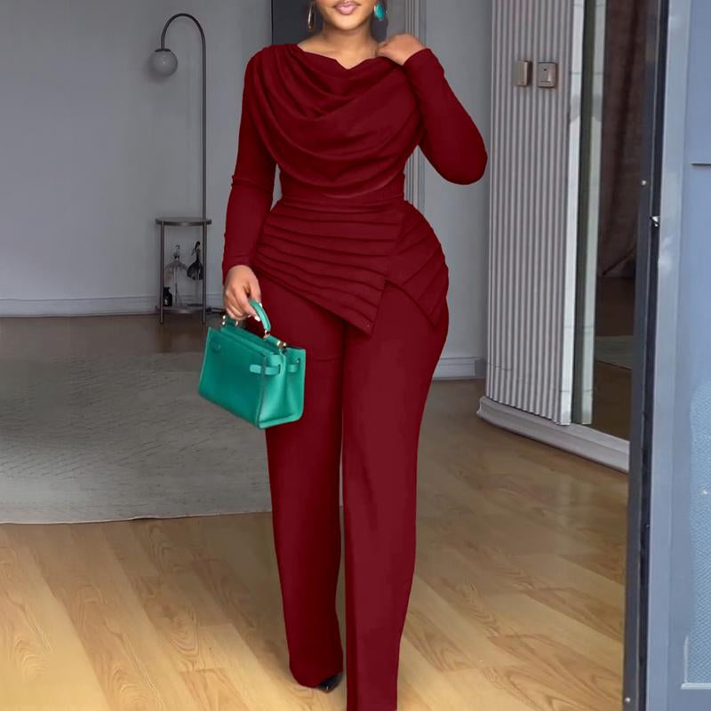 Chicme Cowl Neck Asymmetrical Patchwork Ruched Jumpsuit Casual Cinched Waist Zipper Back Straight Leg Jumpsuit