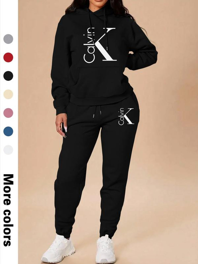 Women'S Casual Hooded Sweatshirt Set, Long Sleeve Letter Print Top + Pants, Fall & Winter Fitted Sportswear with Pockets, Sweatsuit Set