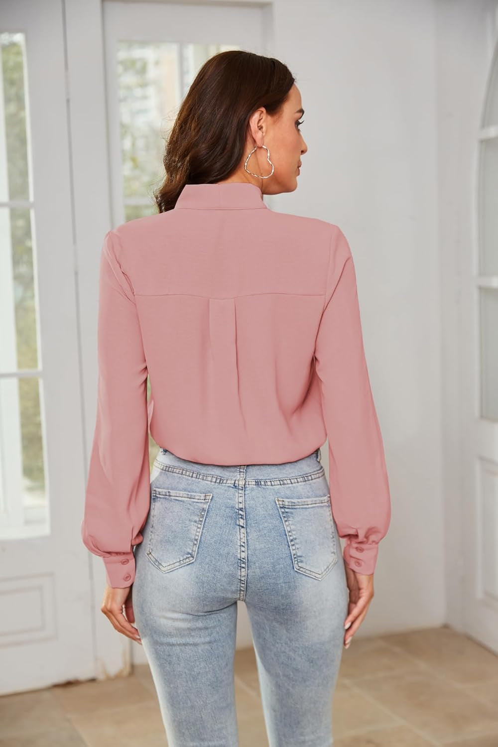 Women Bow Tie Neck Office Blouse Button down Long Sleeve Bodysuits Blouse Top