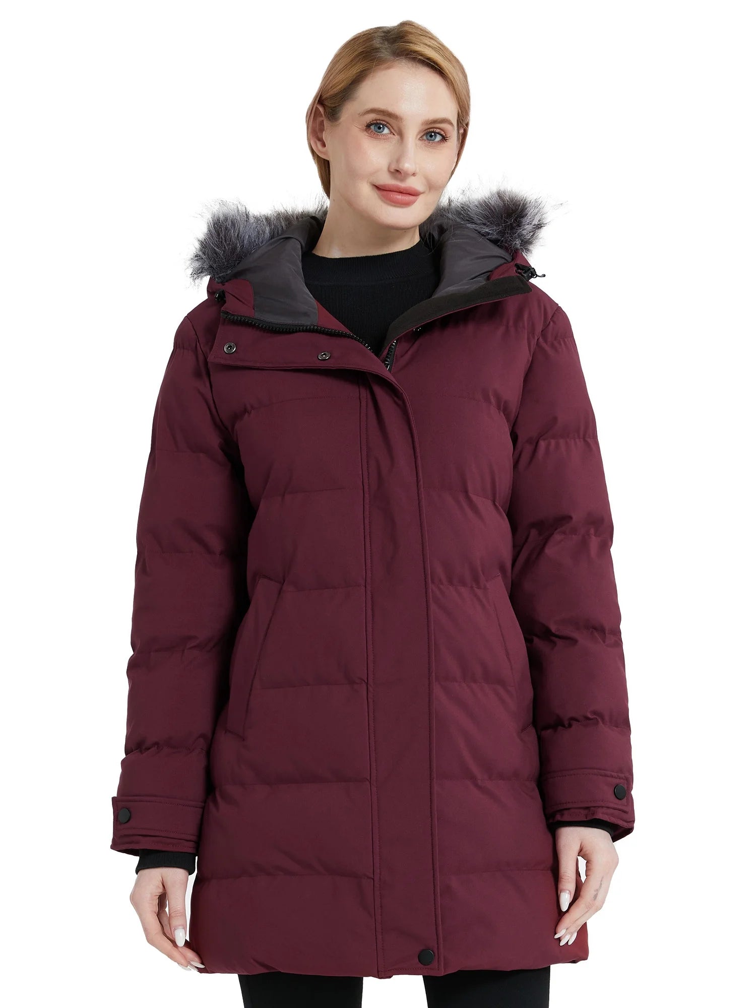 Women'S Puffy Jacket Warm Winter Coats Waterproof Parka Coat Wine Red S
