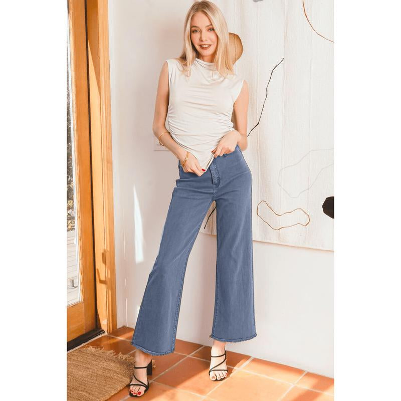 Zenana Acid Washed Frayed Cutoff Hem Straight Wide Pants