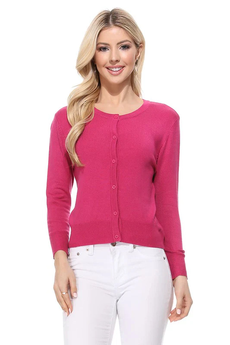 Crew Neck Button down Cardigan Sweater 3/4 Sleeve