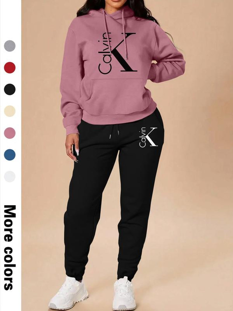 Women'S Casual Hooded Sweatshirt Set, Long Sleeve Letter Print Top + Pants, Fall & Winter Fitted Sportswear with Pockets, Sweatsuit Set