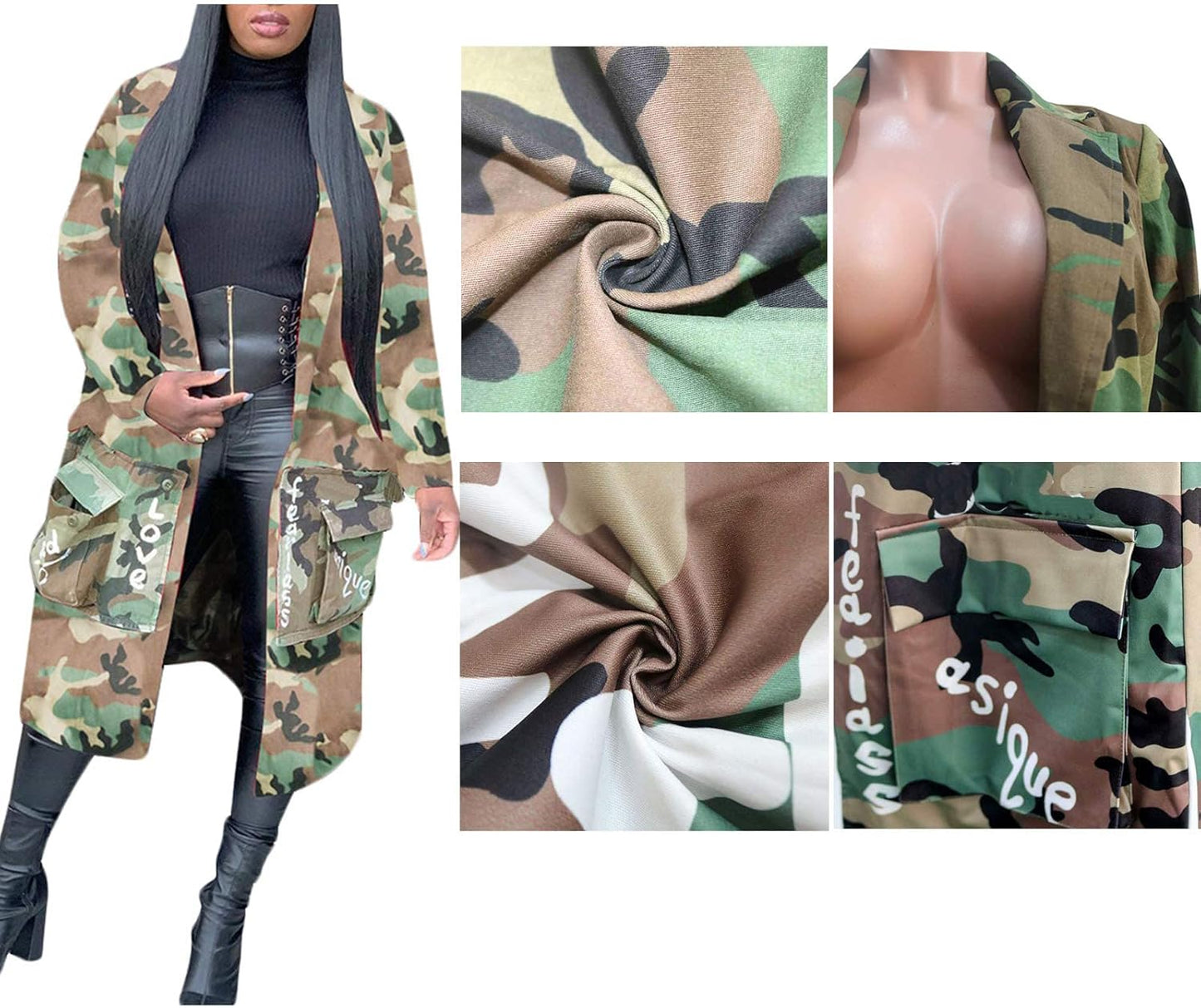 Camo Blazer Jacket for Women Lapel Long Sleeve Open Front Cardigan Coat Classic Pockets Overcoat Outwear