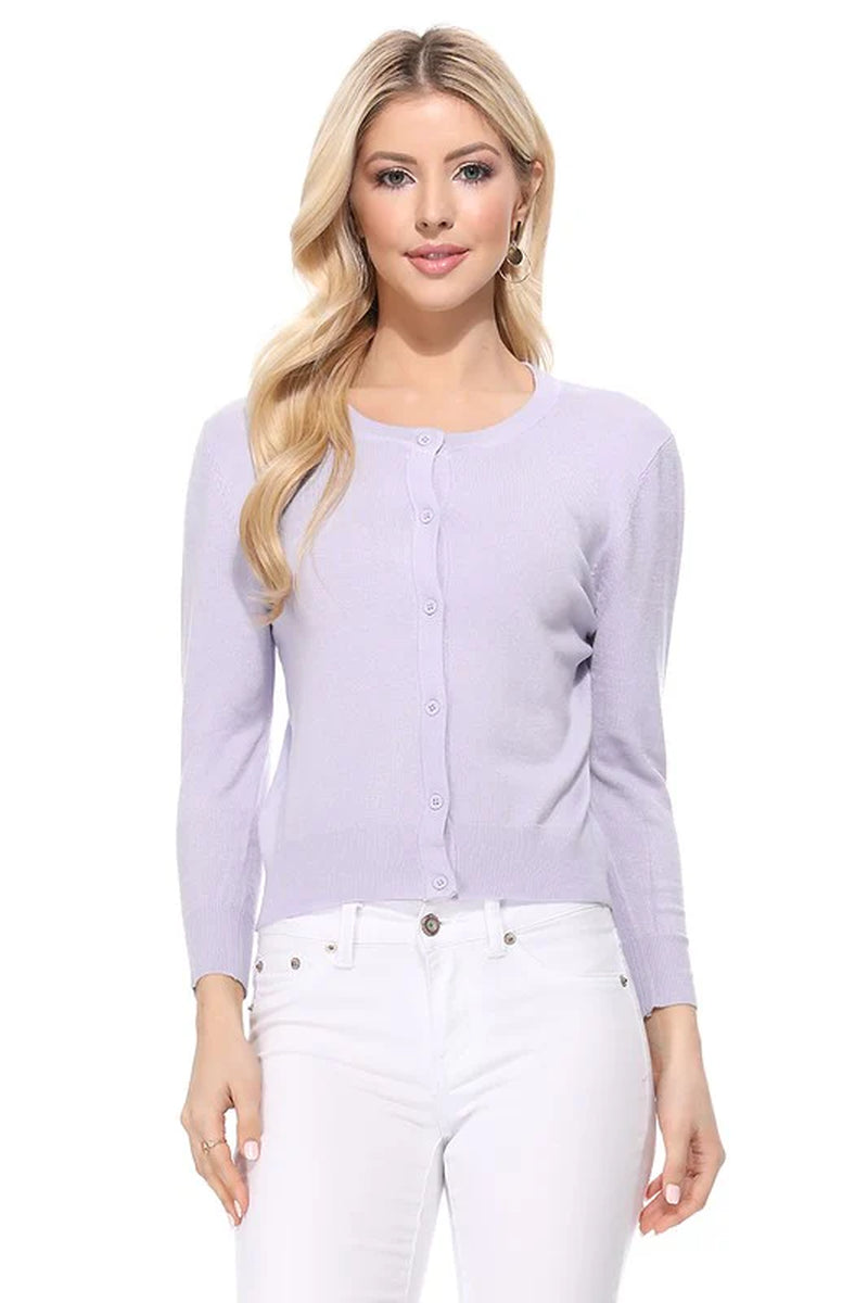 Crew Neck Button down Cardigan Sweater 3/4 Sleeve