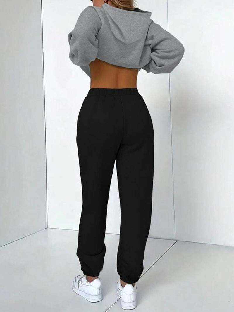 Women'S Casual Hooded Sweatshirt Set, Long Sleeve Letter Print Top + Pants, Fall & Winter Fitted Sportswear with Pockets, Sweatsuit Set