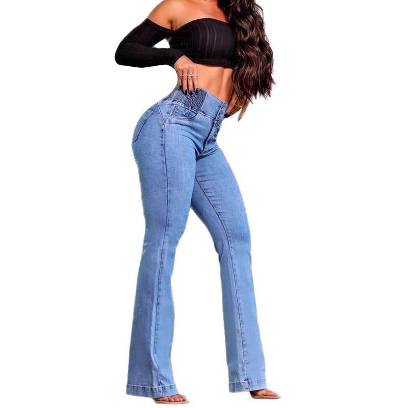 2025 Elastic Waist High Waist Stretch Tights Slightly Flared Hip Lift Denim Trousers Flared Jeans Wide Leg Jeans Tiktokshopbacktoschool