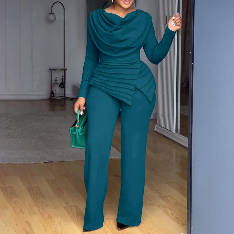 Chicme Cowl Neck Asymmetrical Patchwork Ruched Jumpsuit Casual Cinched Waist Zipper Back Straight Leg Jumpsuit