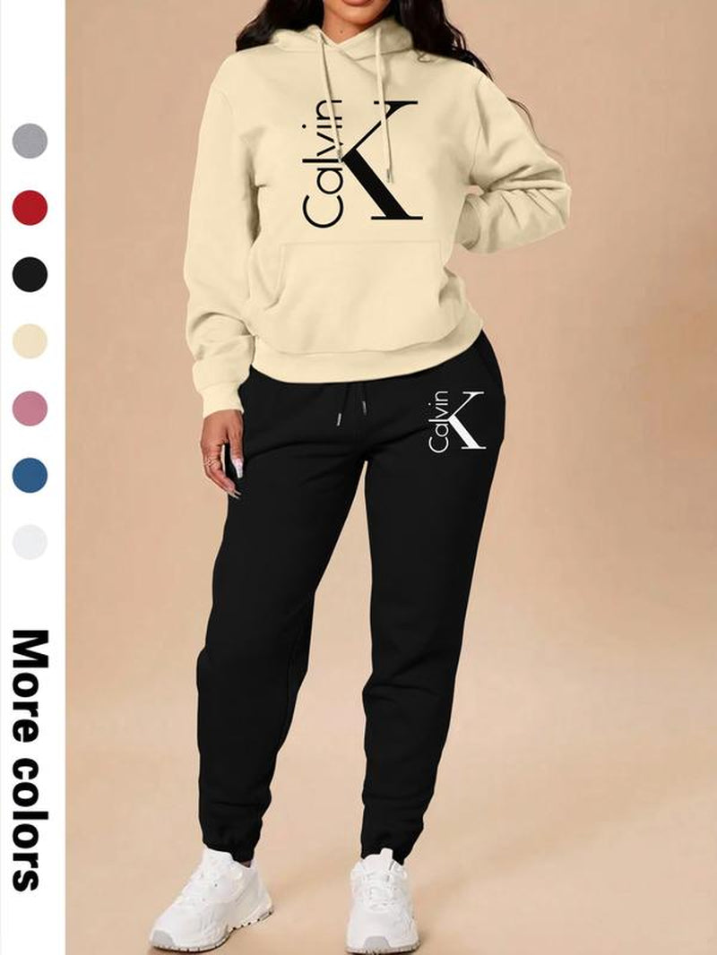 Women'S Casual Hooded Sweatshirt Set, Long Sleeve Letter Print Top + Pants, Fall & Winter Fitted Sportswear with Pockets, Sweatsuit Set