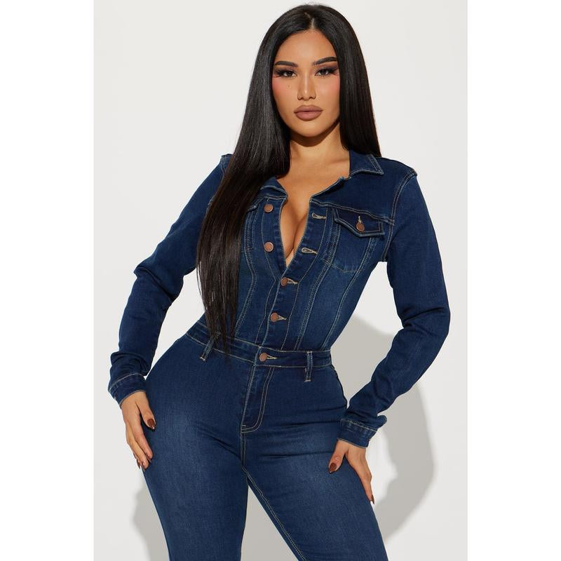 Day Dreaming Long Sleeve Denim Jumpsuit - Dark Denim