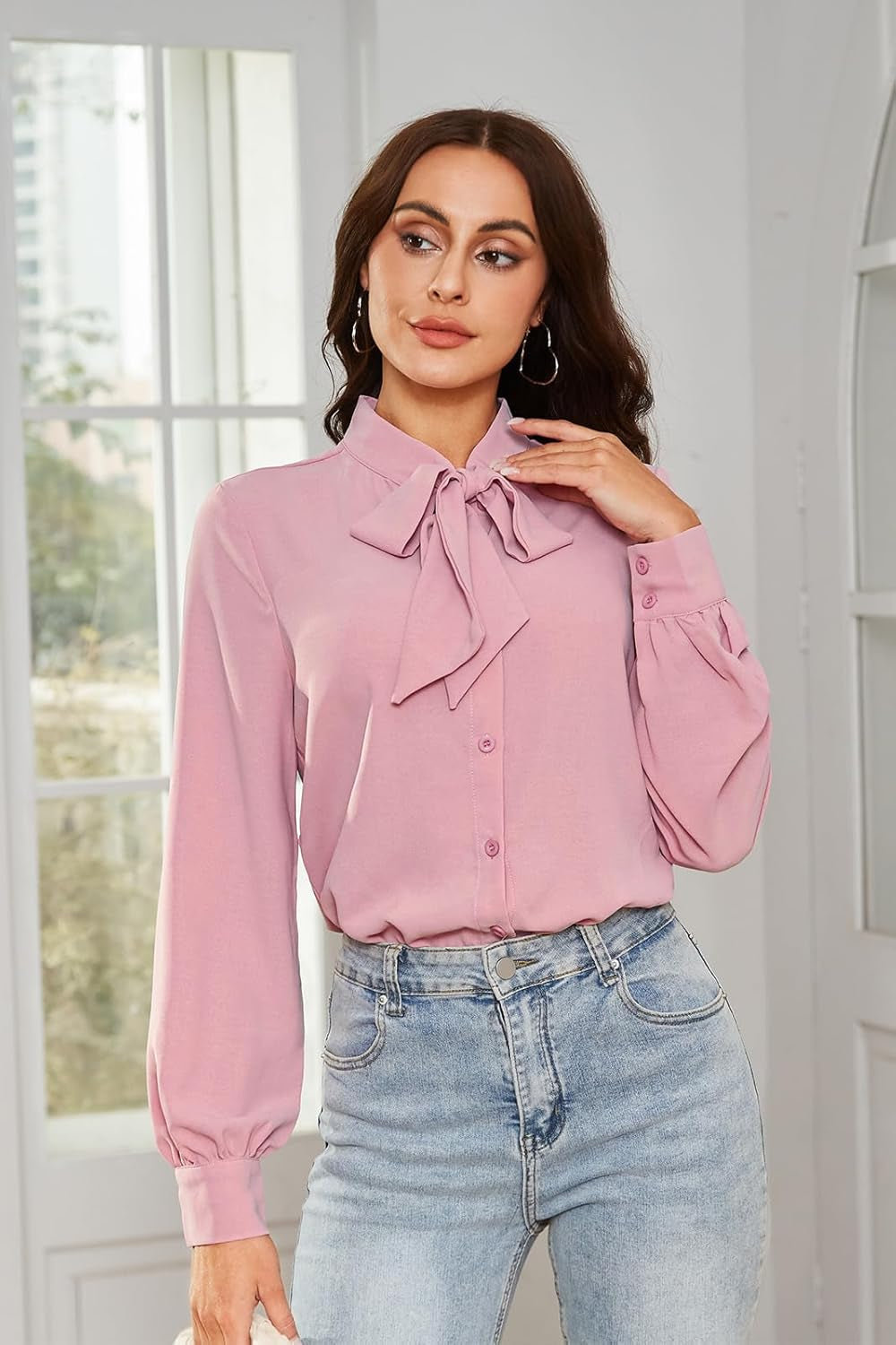 Women Bow Tie Neck Office Blouse Button down Long Sleeve Bodysuits Blouse Top