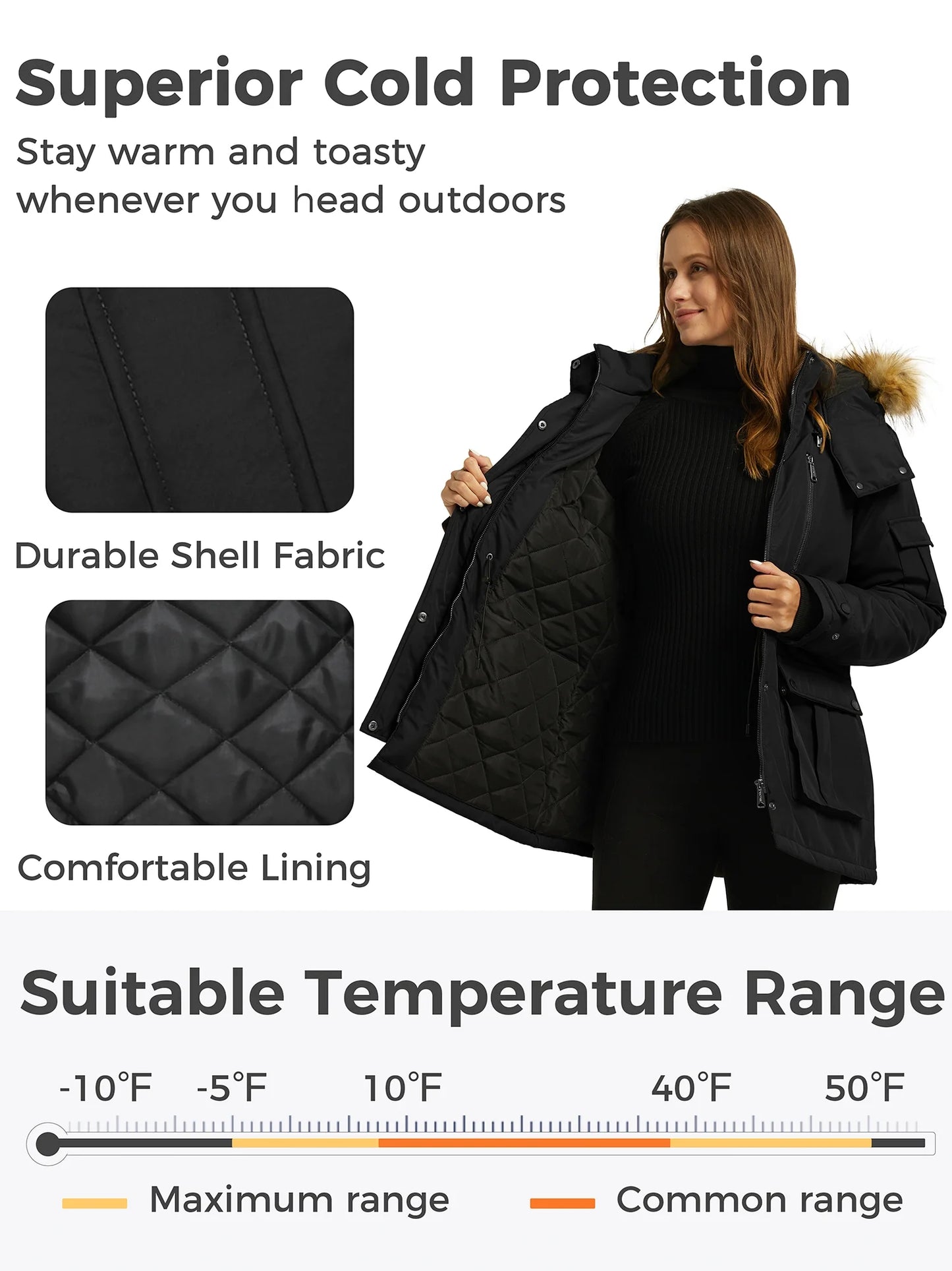 Women'S Recycled Winter Coat Thickened Winter Jacket Hooded Parka Jacket Black L