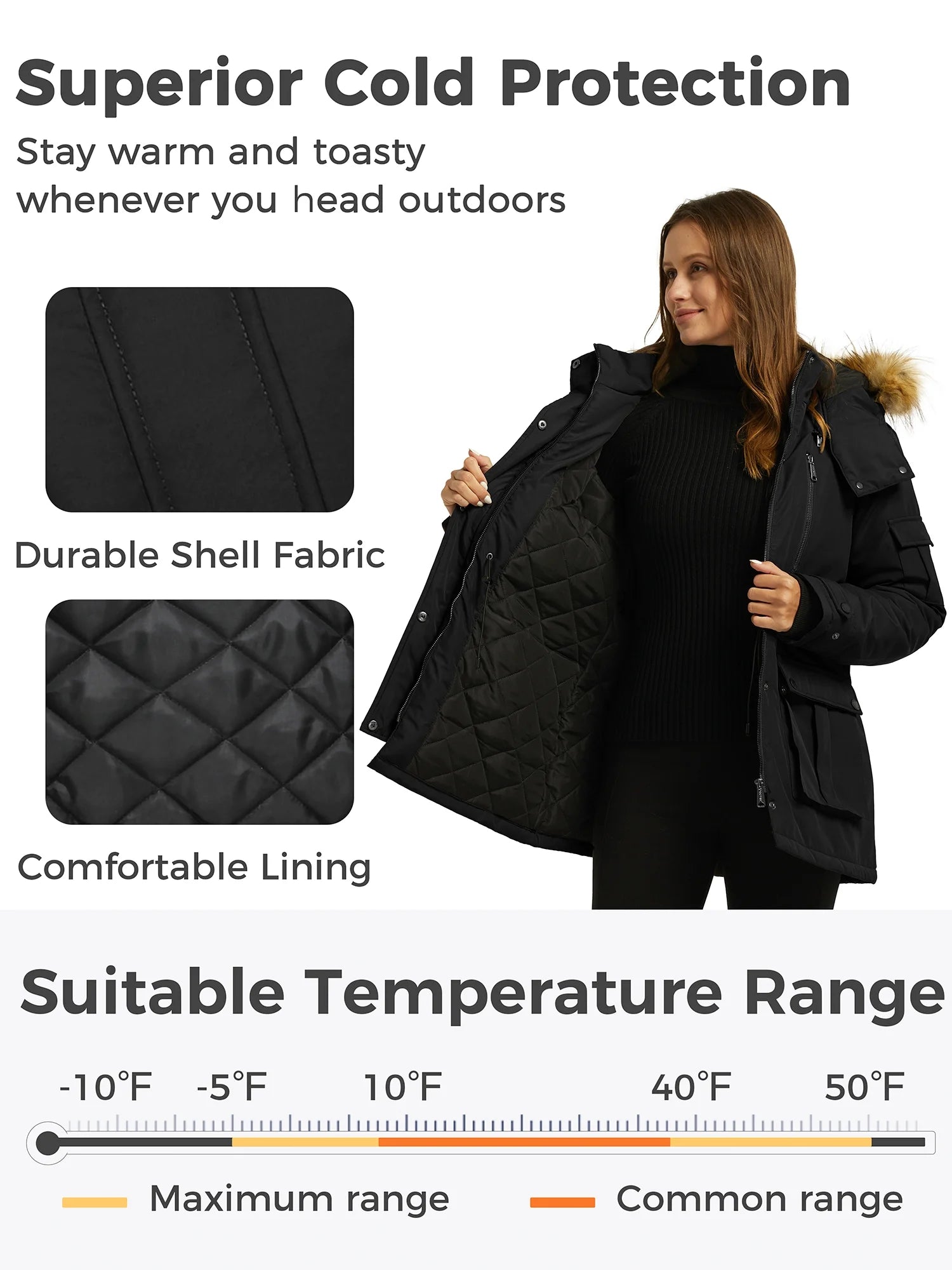 Women'S Recycled Winter Coat Thickened Winter Jacket Hooded Parka Jacket Black L