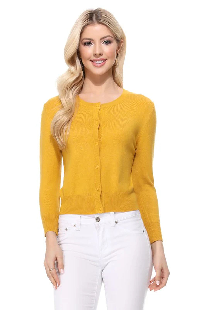 Crew Neck Button down Cardigan Sweater 3/4 Sleeve