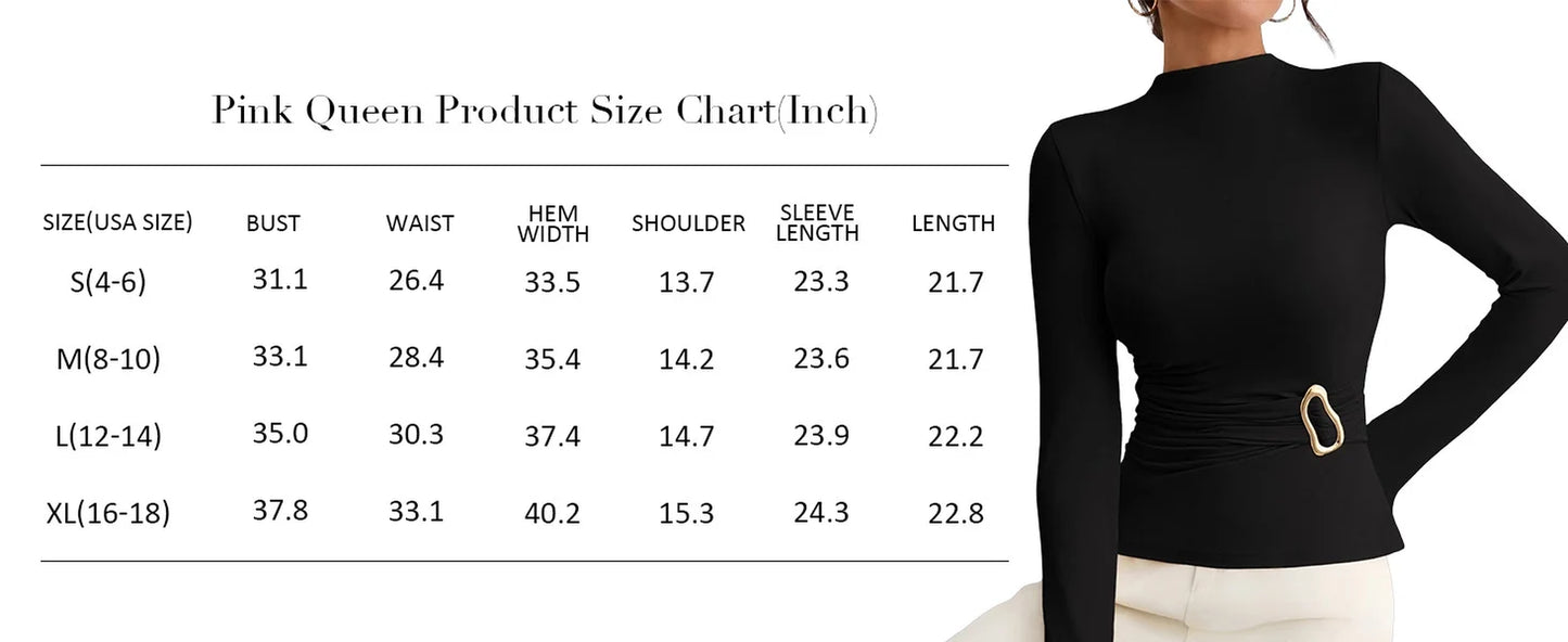 Fall 2025 Women'S Mock Neck Long Sleeve Tops Pleated Wrap Waist with Metal Buttons Stretch Slim Fit Shirts