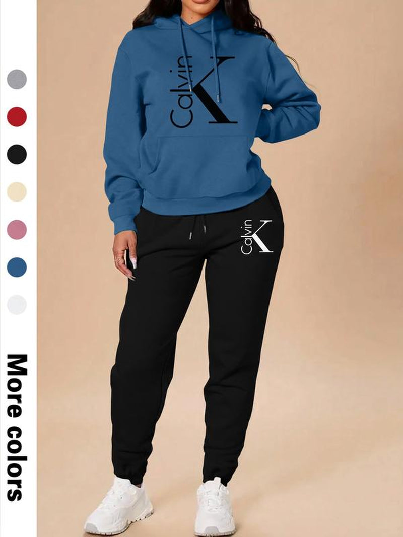 Women'S Casual Hooded Sweatshirt Set, Long Sleeve Letter Print Top + Pants, Fall & Winter Fitted Sportswear with Pockets, Sweatsuit Set