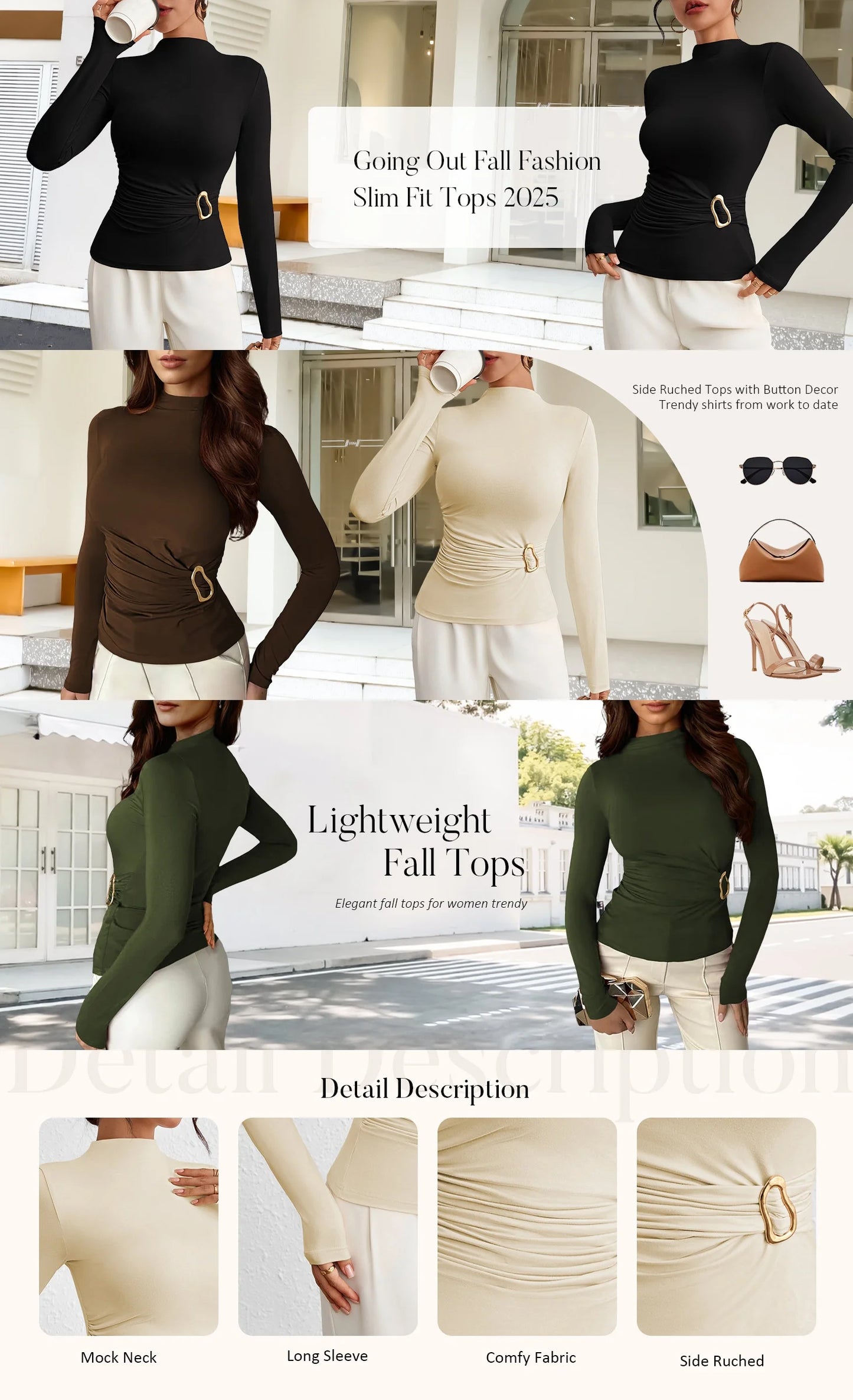 Fall 2025 Women'S Mock Neck Long Sleeve Tops Pleated Wrap Waist with Metal Buttons Stretch Slim Fit Shirts