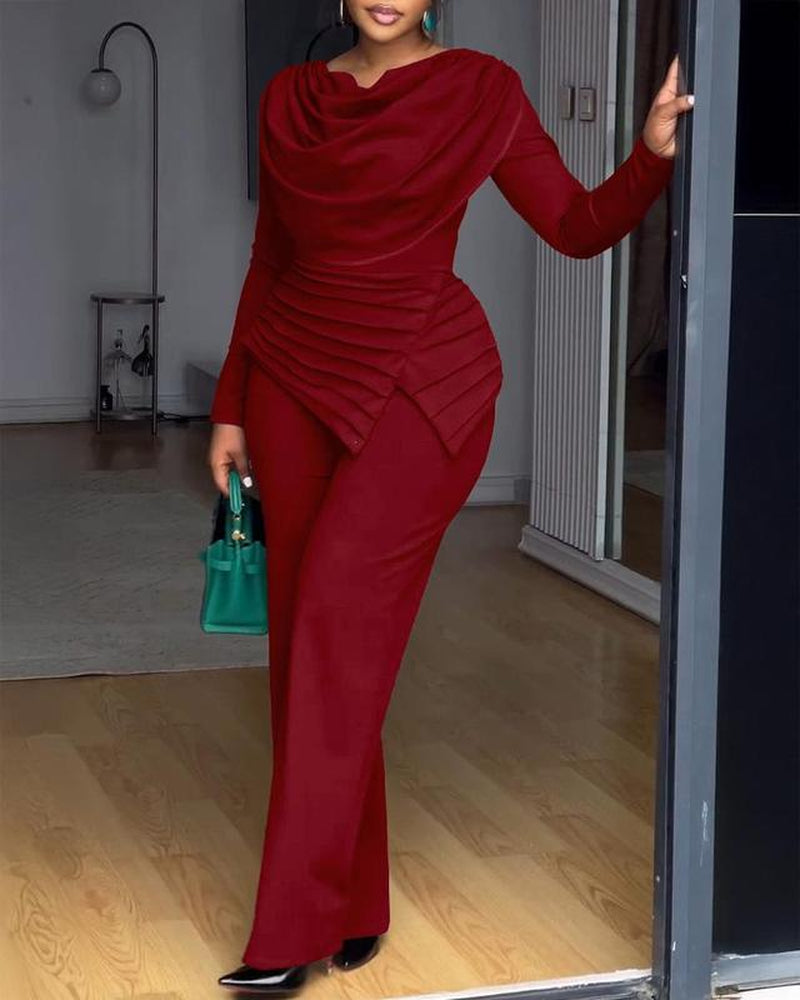 Chicme Cowl Neck Asymmetrical Patchwork Ruched Jumpsuit Casual Cinched Waist Zipper Back Straight Leg Jumpsuit