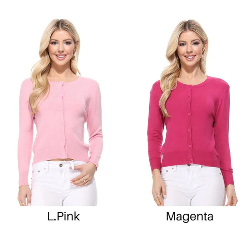 Crew Neck Button down Cardigan Sweater 3/4 Sleeve