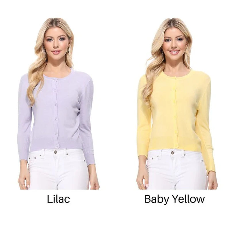 Crew Neck Button down Cardigan Sweater 3/4 Sleeve