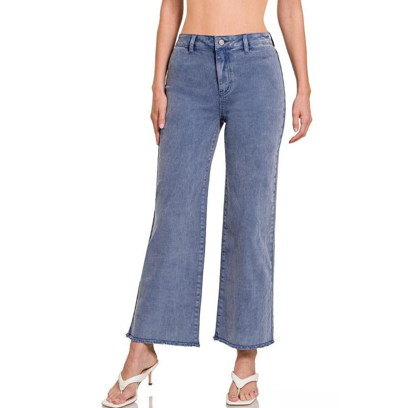 Zenana Acid Washed Frayed Cutoff Hem Straight Wide Pants